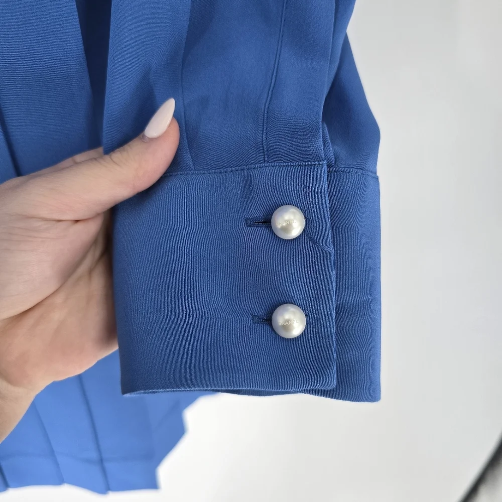 Chanel Blue Pleated Silk Shirt Pearl Buttons Size 46 US 10